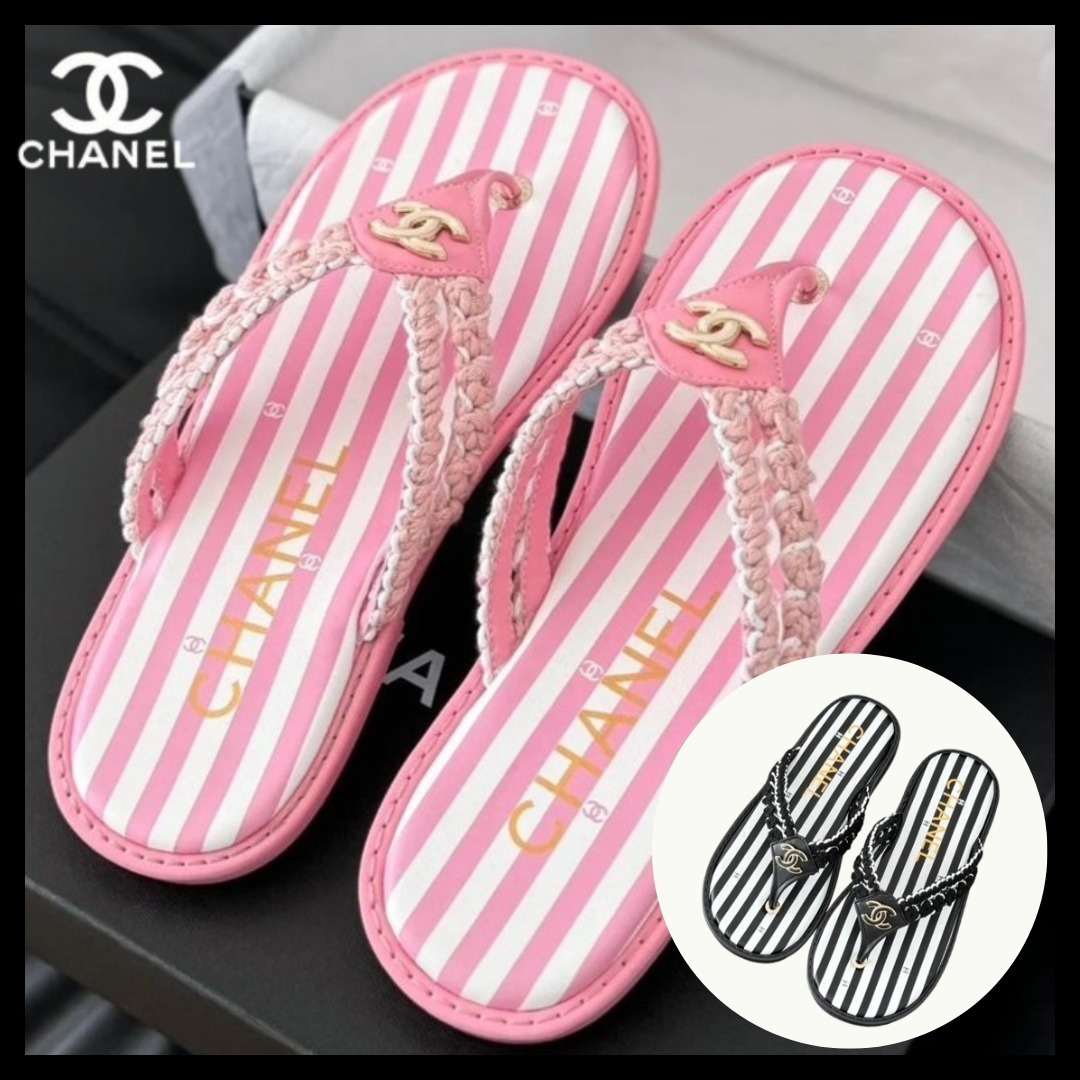 夏のビーチに♪【CHANEL】ストライプとCCマーク 可愛いサンダル