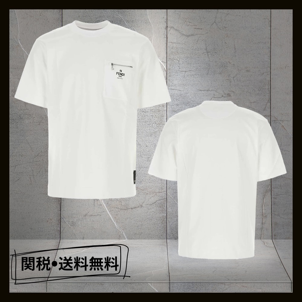 FENDI フェンディ ロゴ プリント クルーネック Tシャツ/ホワイト