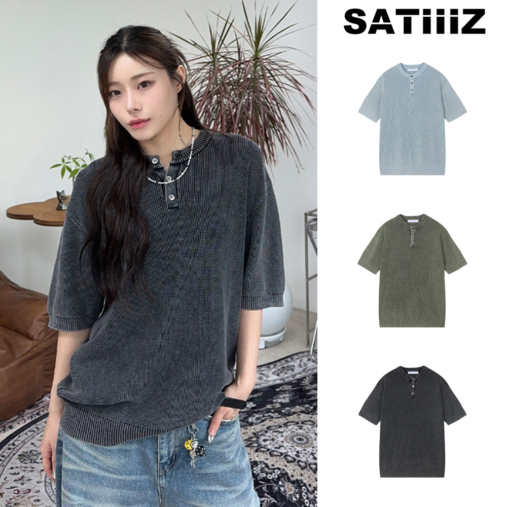 【SATIIIZ】Coon Pigment Henry Neck Knit Short Sleeve