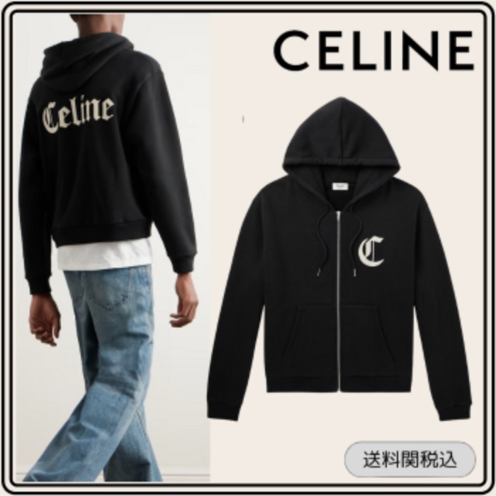 【CELINE】ロゴ刺繍 コットンジャージー ジップアップ パーカー