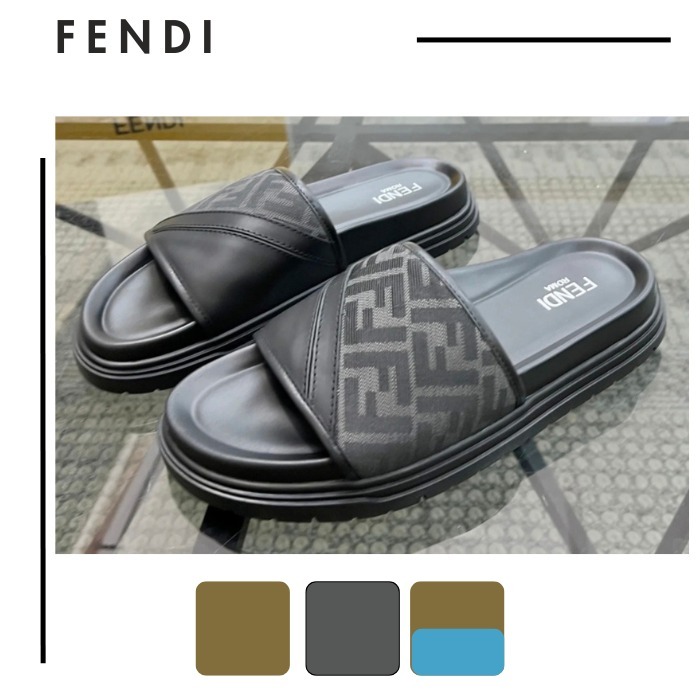FENDI●FFジャカード×レザー スライドサンダル ラバーソール