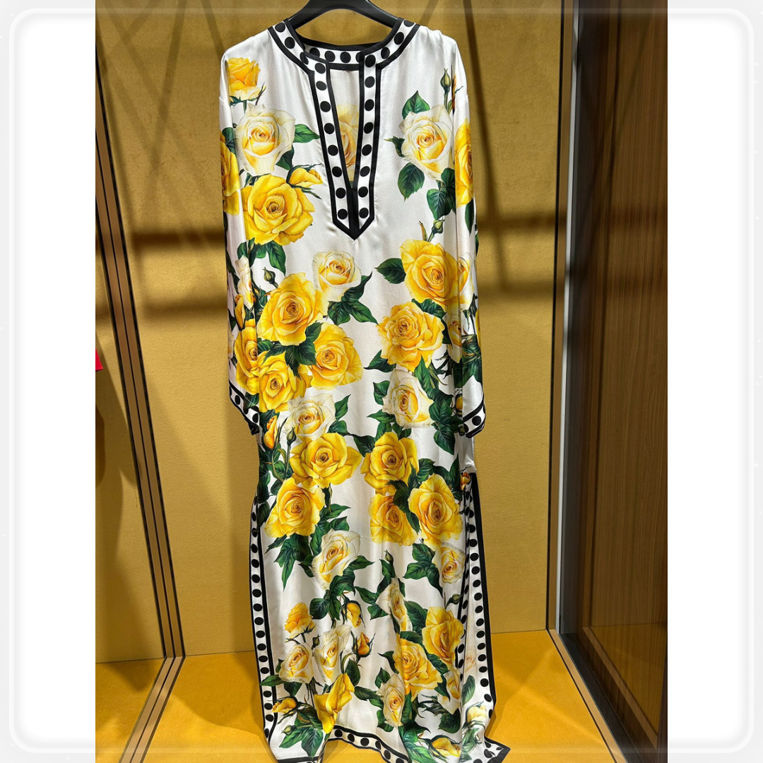 【DOLCE&GABBANA】ローズプリント シルク マキシドレス Vネック