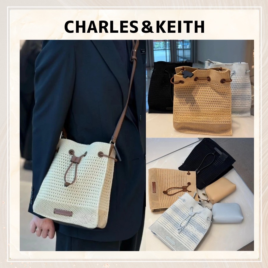 追跡★Charles&Keith Ida ニット 巾着 バケットバッグ