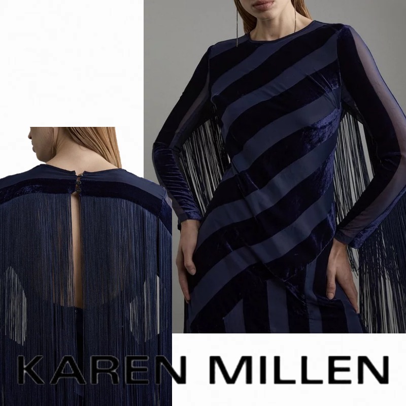 【KAREN MILLEN】フリンジ付き ベルベット マキシドレス