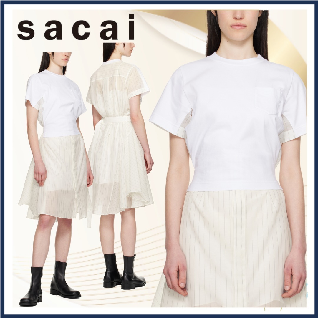 【sacai】オフホワイト Spun Organza & Cotton Jerseyワンピース