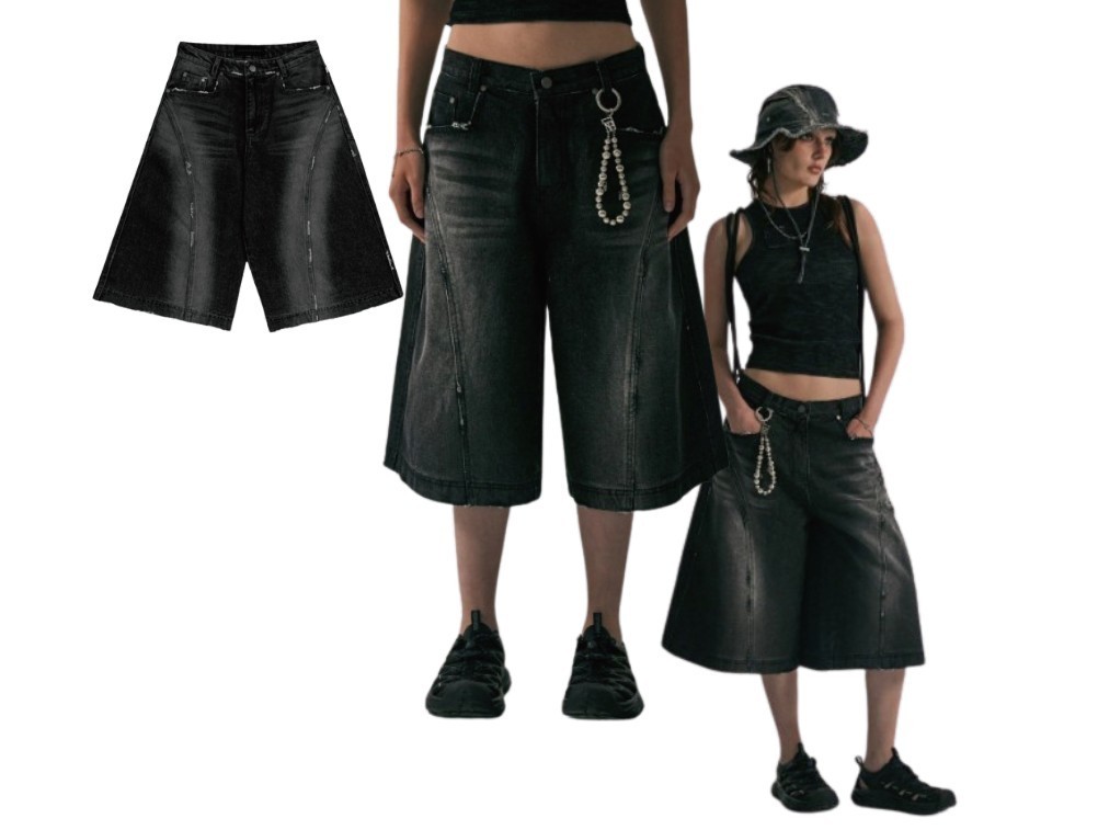 韓国商品/TREEMINGBIRD Ripped Bermuda Denim Pants