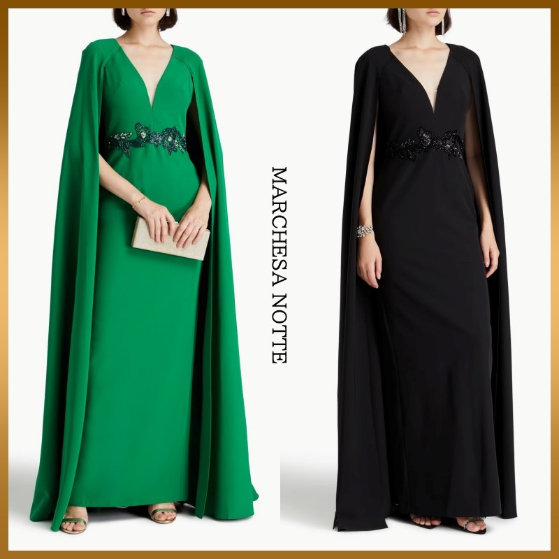 【MARCHESA NOTTE】クレープ ケープ風 ロングドレス ビーズ装飾