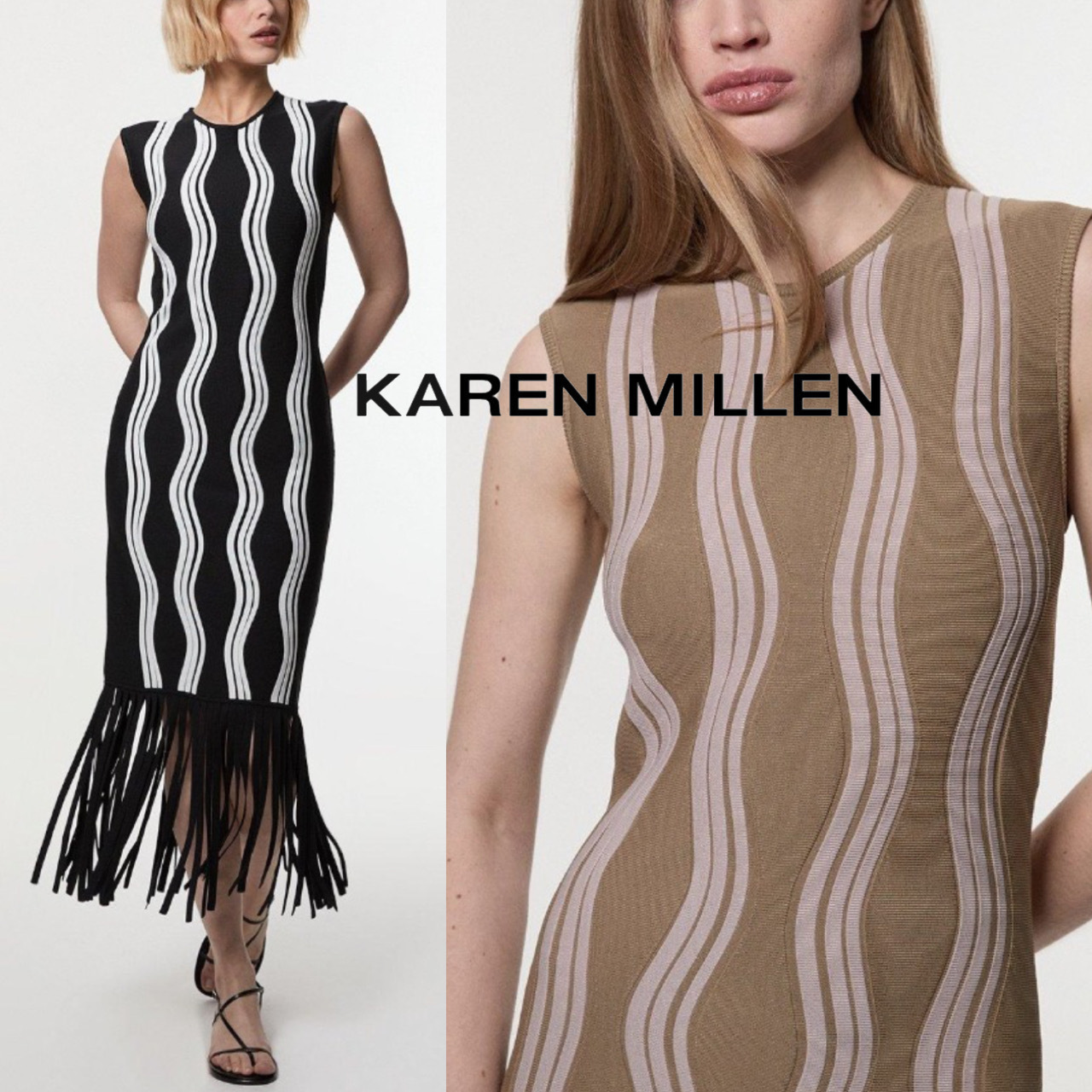 【KAREN MILLEN】フリンジ付きコントラストウェーブニットドレス