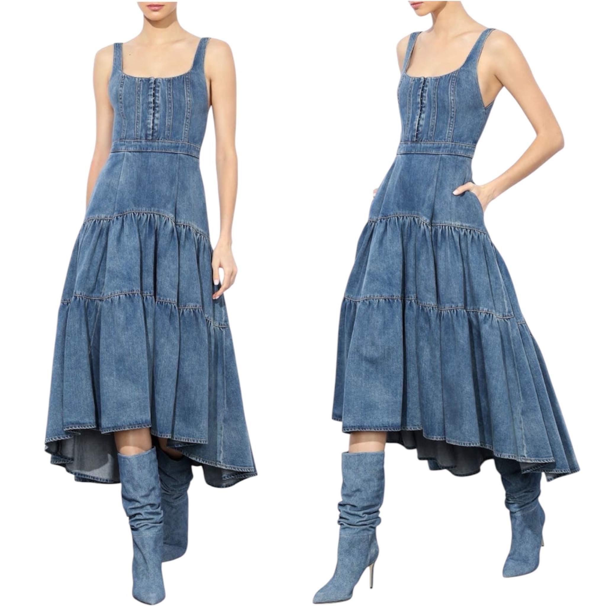 ALICE+OLIVIA デニム ミモレ丈 フレア ワンピース