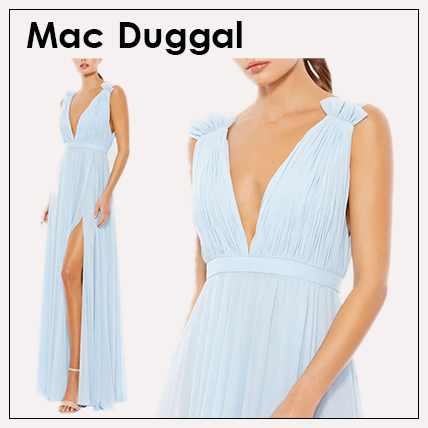 Mac Duggal◆ブループリーツシフォンVネックガウンロングドレス