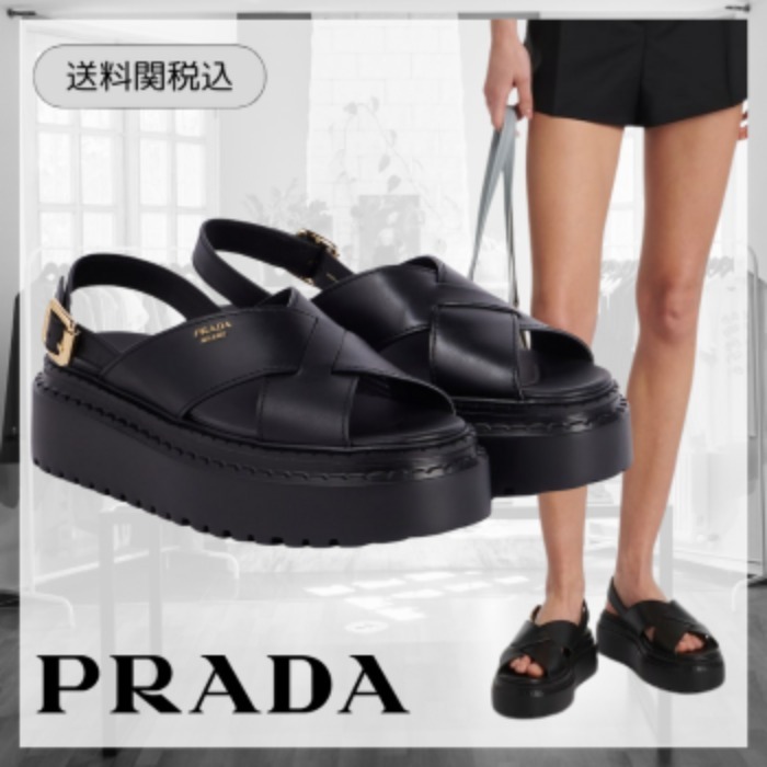 国内発送【PRADA】レザー プラットフォーム サンダル ブラック