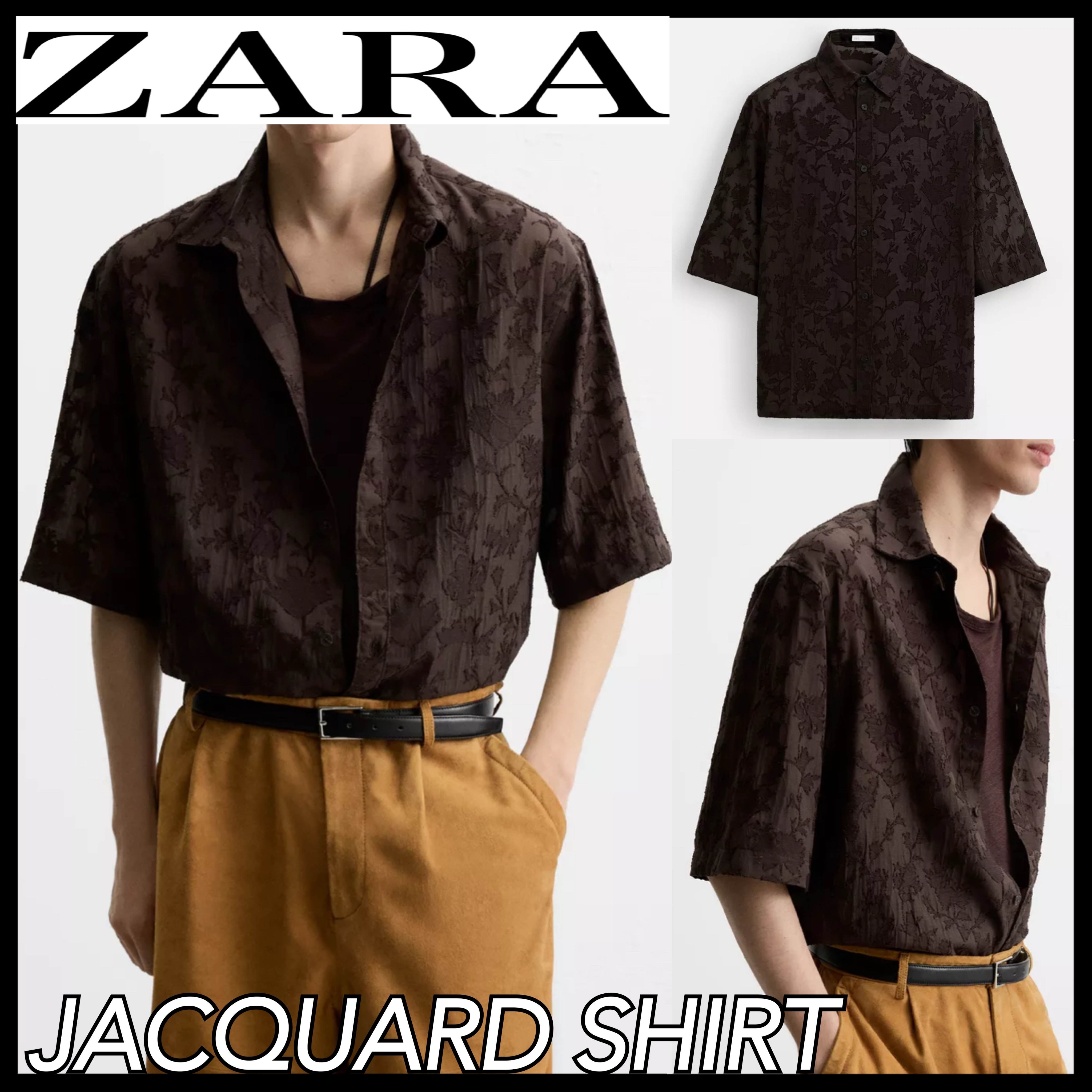 送関込み★ZARA(ザラ)★ジャカード 半袖オーバーシャツ/柄シャツ