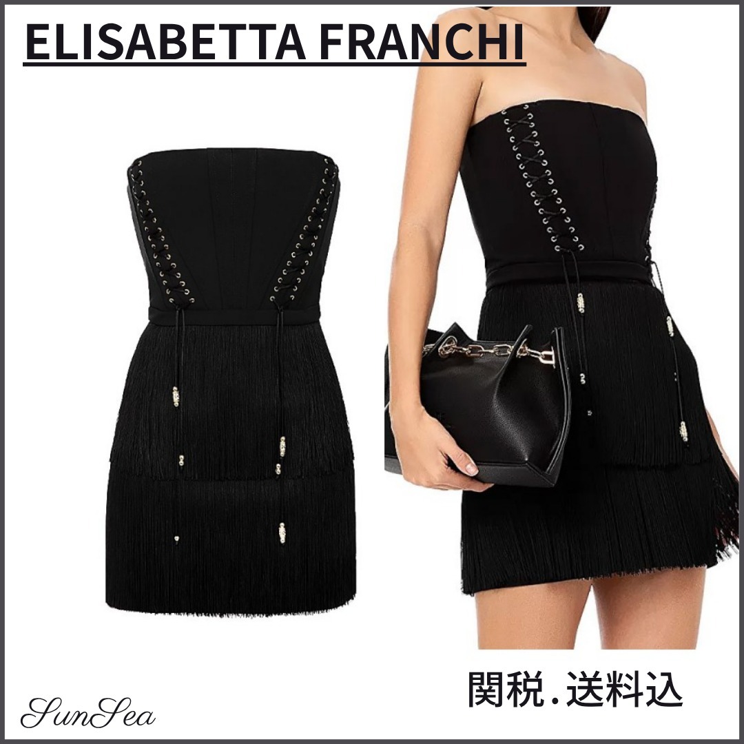 関税送料込【ELISABETTA FRANCHI】フリンジ付きビスチェドレス