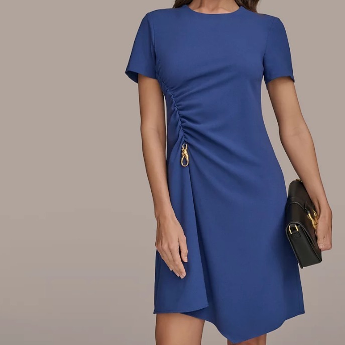 【Donna Karan New York】Petite Jewel-Neck Side-Ruched Dress