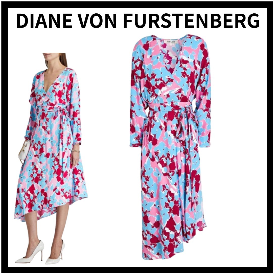 DIANE VON FURSTENBERG プリント入り ラップ風ミディワンピース