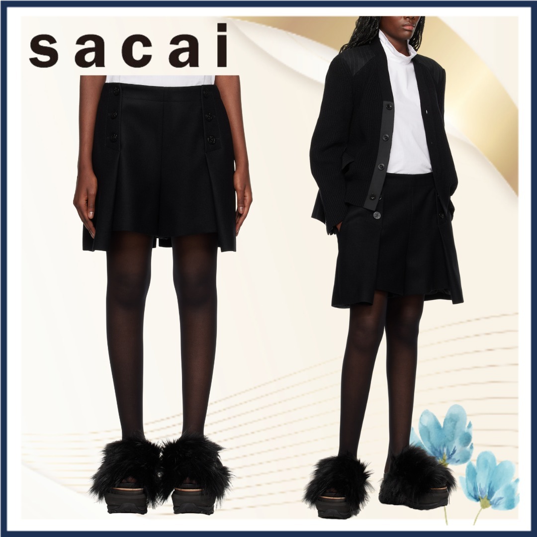 【sacai】ブラック メルトンウール ショートパンツ