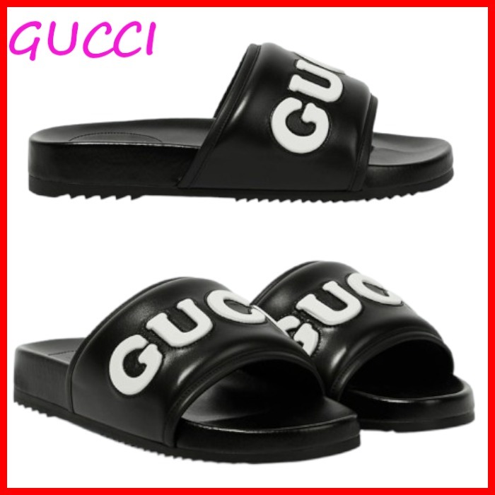 GUCCI ロゴ アップリケ付き レザー スライドサンダル ブラック