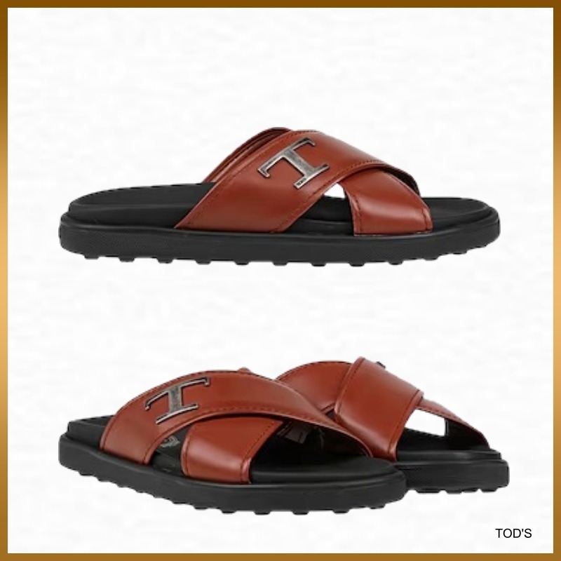 【TOD'S】レザー サンダル ロゴ 無地 フラット ラウンドトゥ