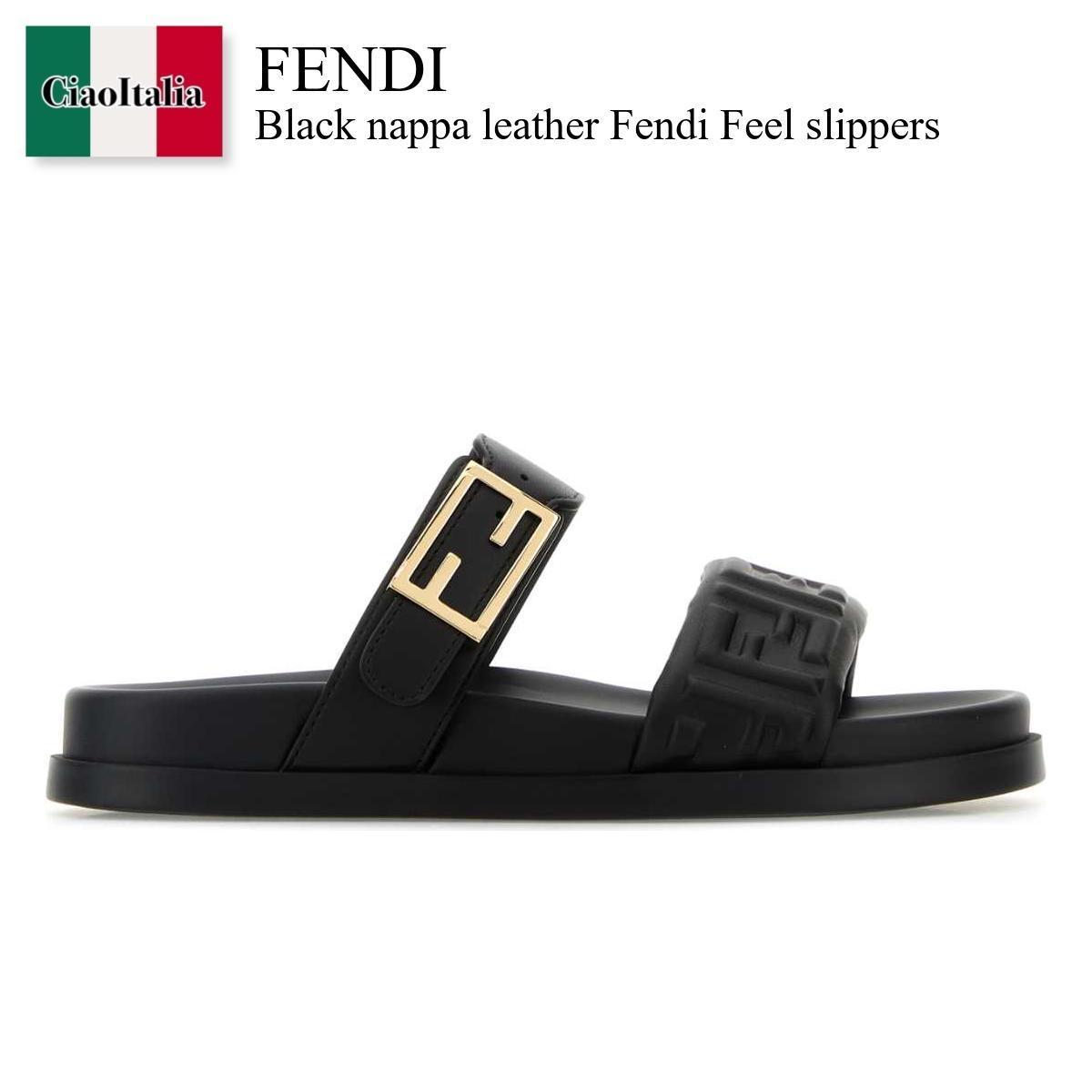 サンダル・ミュール Fendi Black Nappa Leather Fendi Feel Slippers