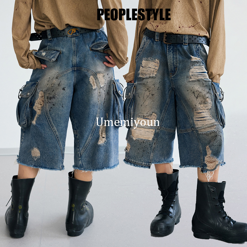 PEOPLESTYLE 七分丈デニムパンツ ジーンズ ウォッシュド ルーズ