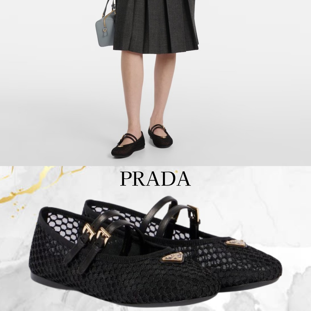 PRADA☆ロゴ入り メッシュ バレエフラット シューズ