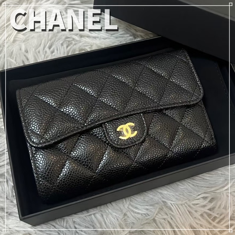 CHANEL キャビアスキン 三つ折り財布 ゴールド/シルバー金具