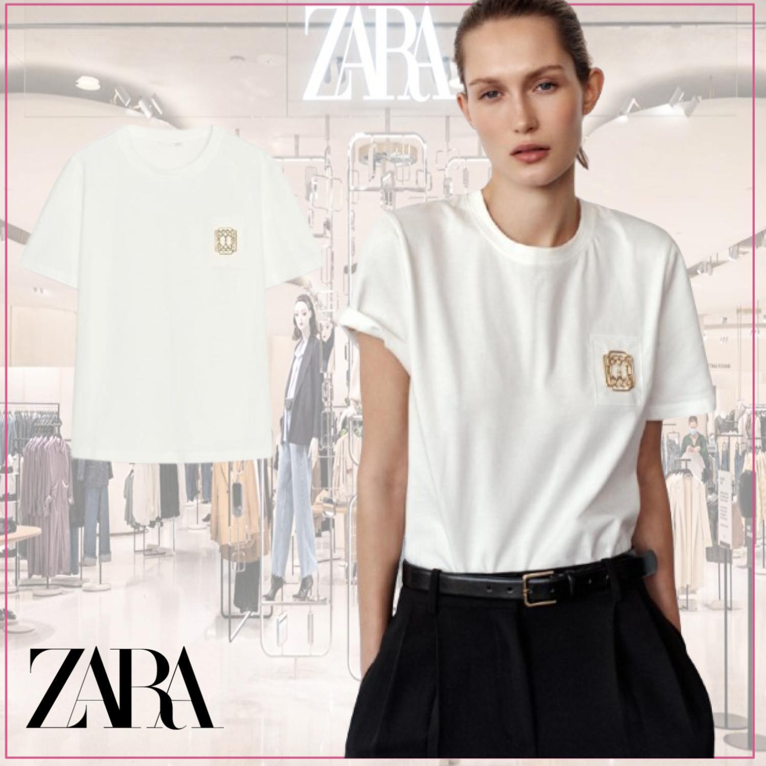 ZARA ワンポイント シンプル ブローチディテール付きTシャツ