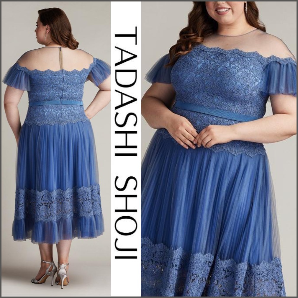 関税送料込【TADASHI SHOJI】ロングドレス 刺繍 チュール ブルー
