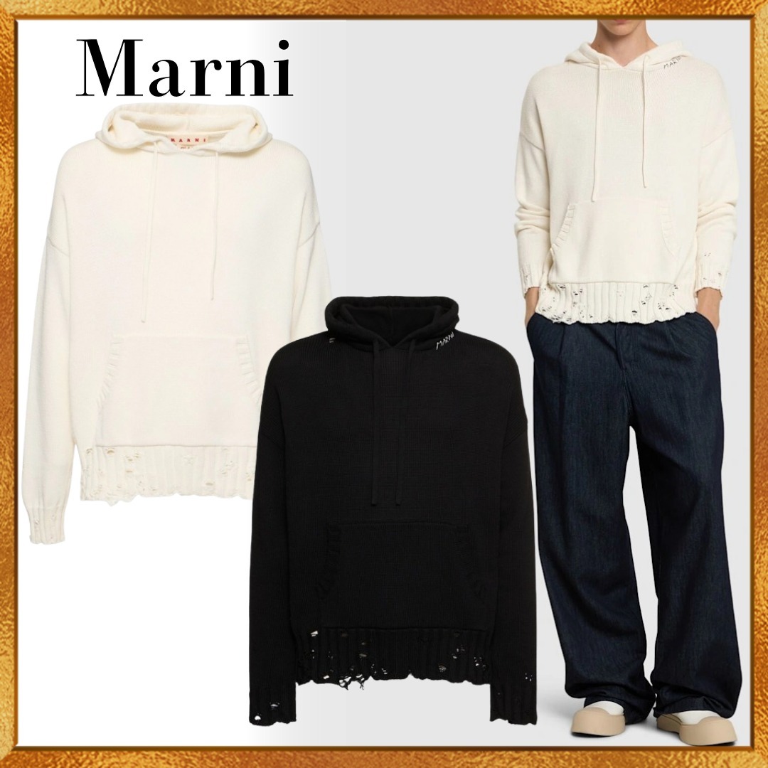 Marni マルニ フーデッド ニット セーター ロゴ ダメージ加工