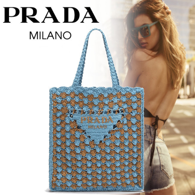 正規店買付【PRADA】スカイブルー/キャラメル クロシェ バッグ