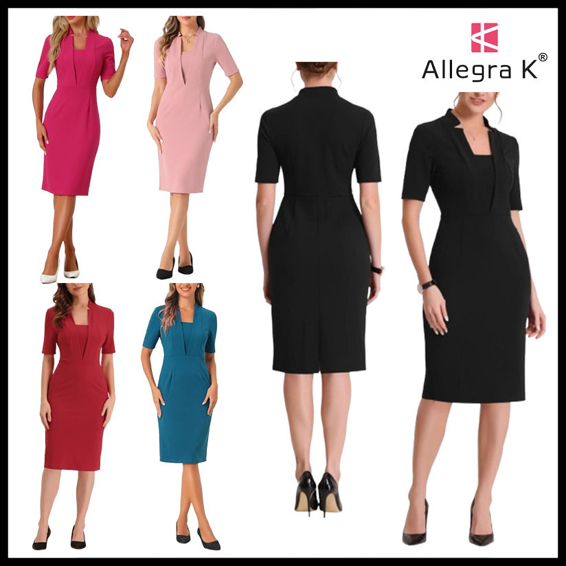 Allegra K Vネック半袖ワークボディコンミディドレス