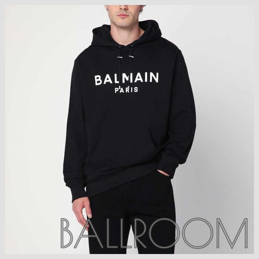 パーカー・フーディ BALMAIN BLACK COTTON HOODIE WITH LOGO