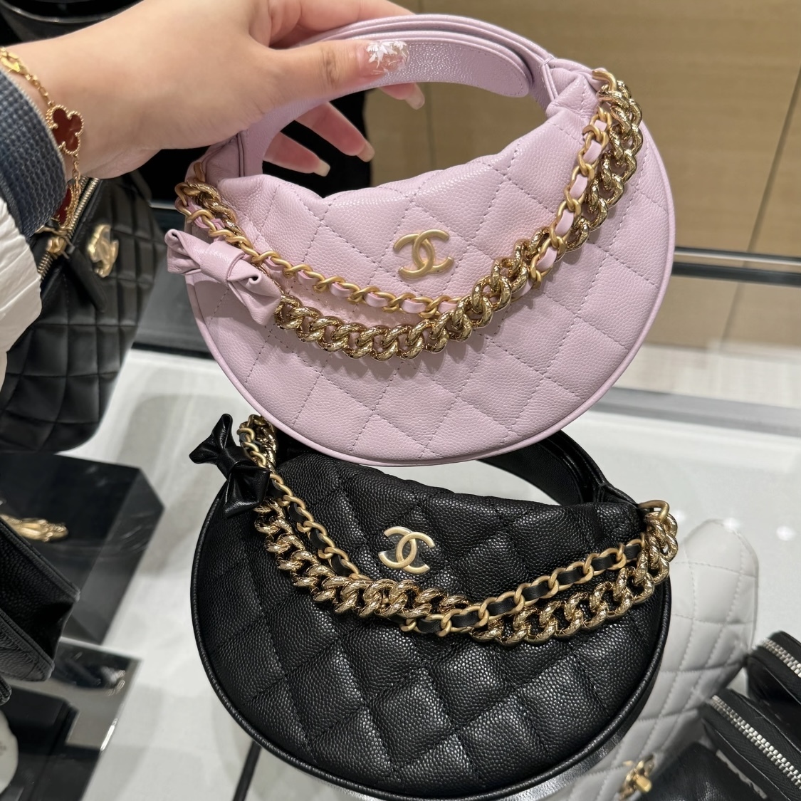 24SS CHANEL CC_スモールラウンドバッグ キャビアスキン リボン