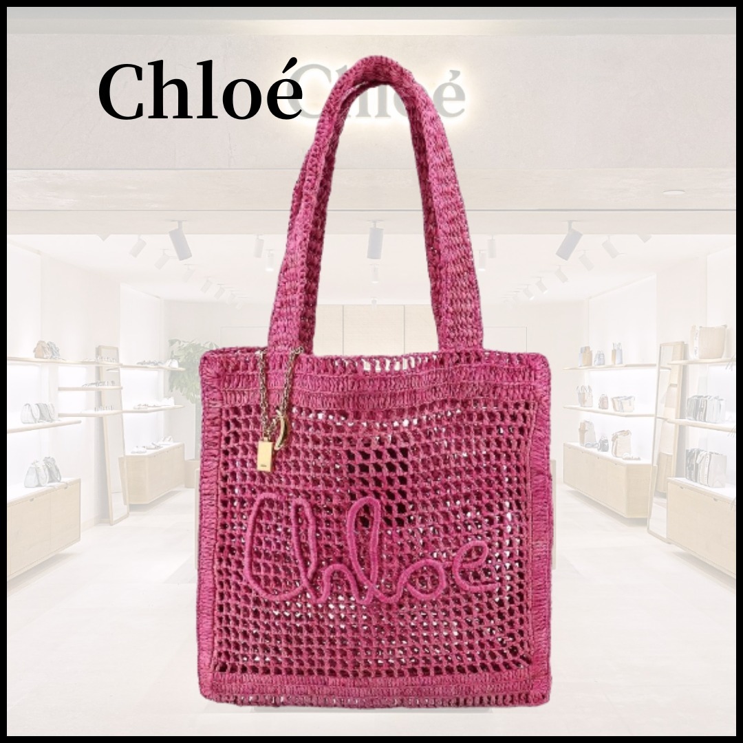 送料関税込♪【Chloe】ラフィア製Summer Bananaトートバッグ PNK