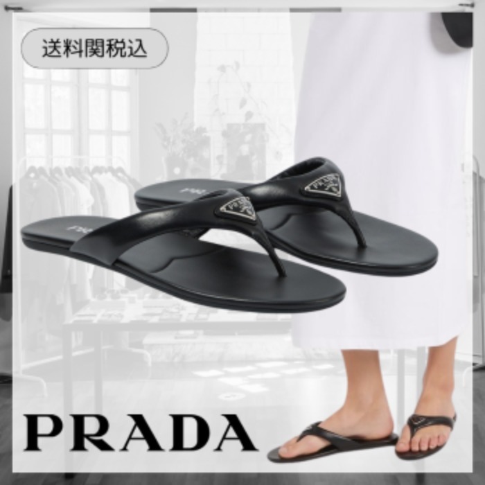 【PRADA】ロゴ パッド入り レザー トングサンダル ブラック