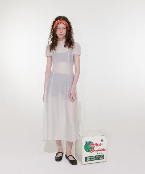 【LOULOUSEOUL】Sheer Puff Long Dress (Light Gray)