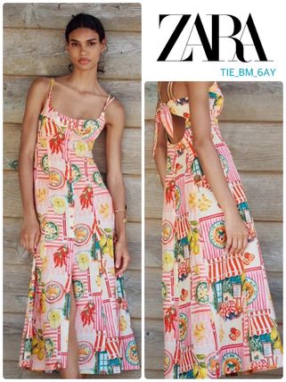 スペイン発送 ZARA リネンのパッチワークプリントミディドレス