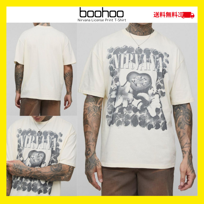 送料無料★boohoo/ニルヴァーナ ホワイト ライセンス Tシャツ