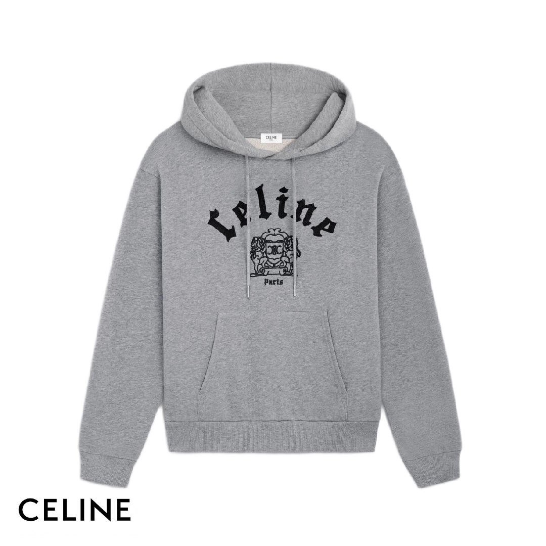 セリーヌ BLASON ルーズ フーディー メンズ グレー デニムに