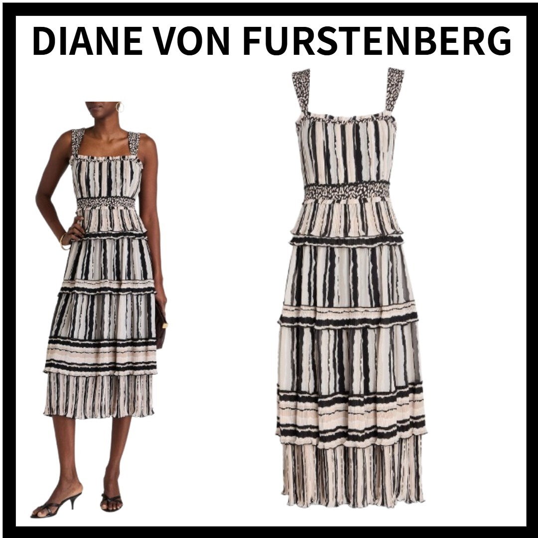 DIANE VON FURSTENBERG ティアード ストライプ ミディワンピース