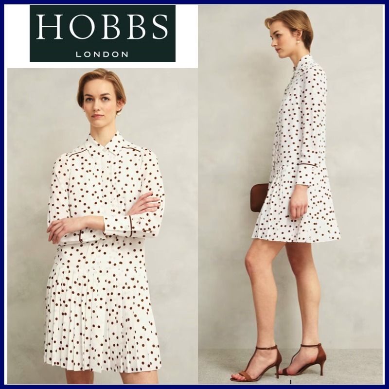 大人気!!【HOBBS】レトロなドット柄♪シャツプリーツワンピース