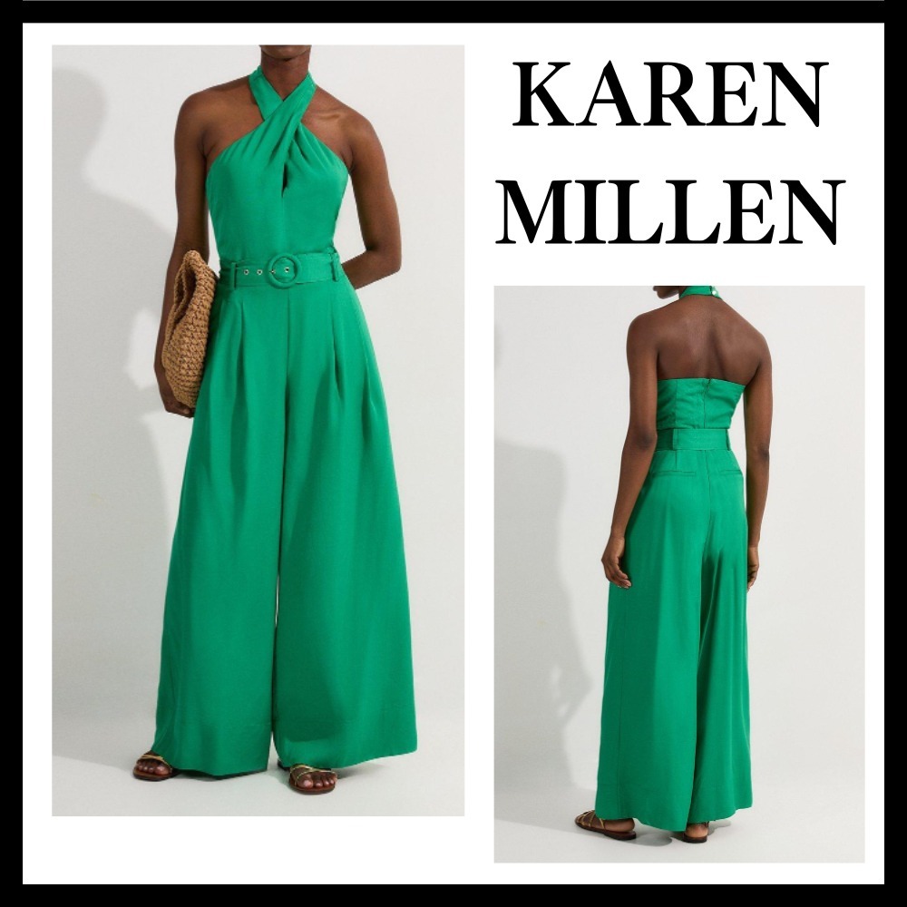 ◆KAREN MILLEN◆フロントホルターベルトジャンプスーツ/green
