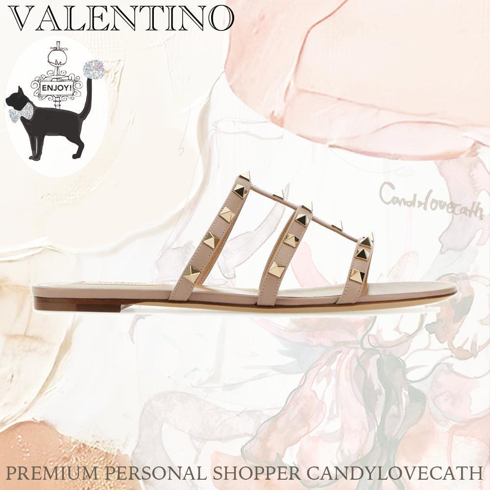 パンプス VALENTINO GARAVANI Antiqued Pink Leather Rockstud Slippers