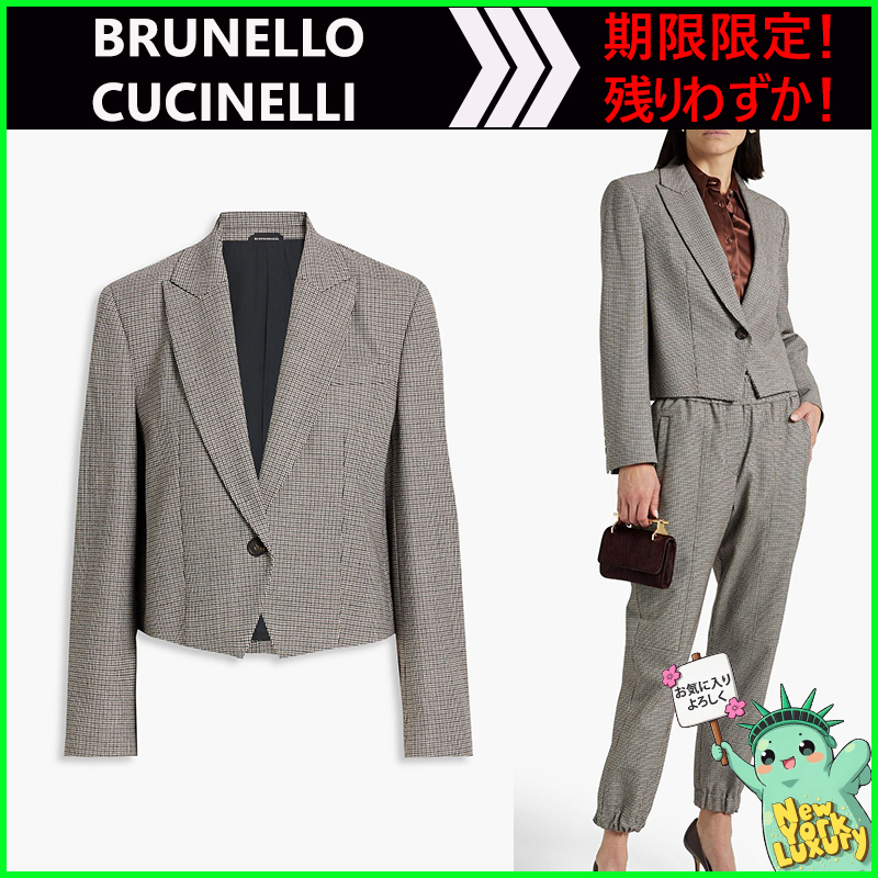 BRUNELLO CUCINELLI★Cropped bead houndstooth tweed blazer