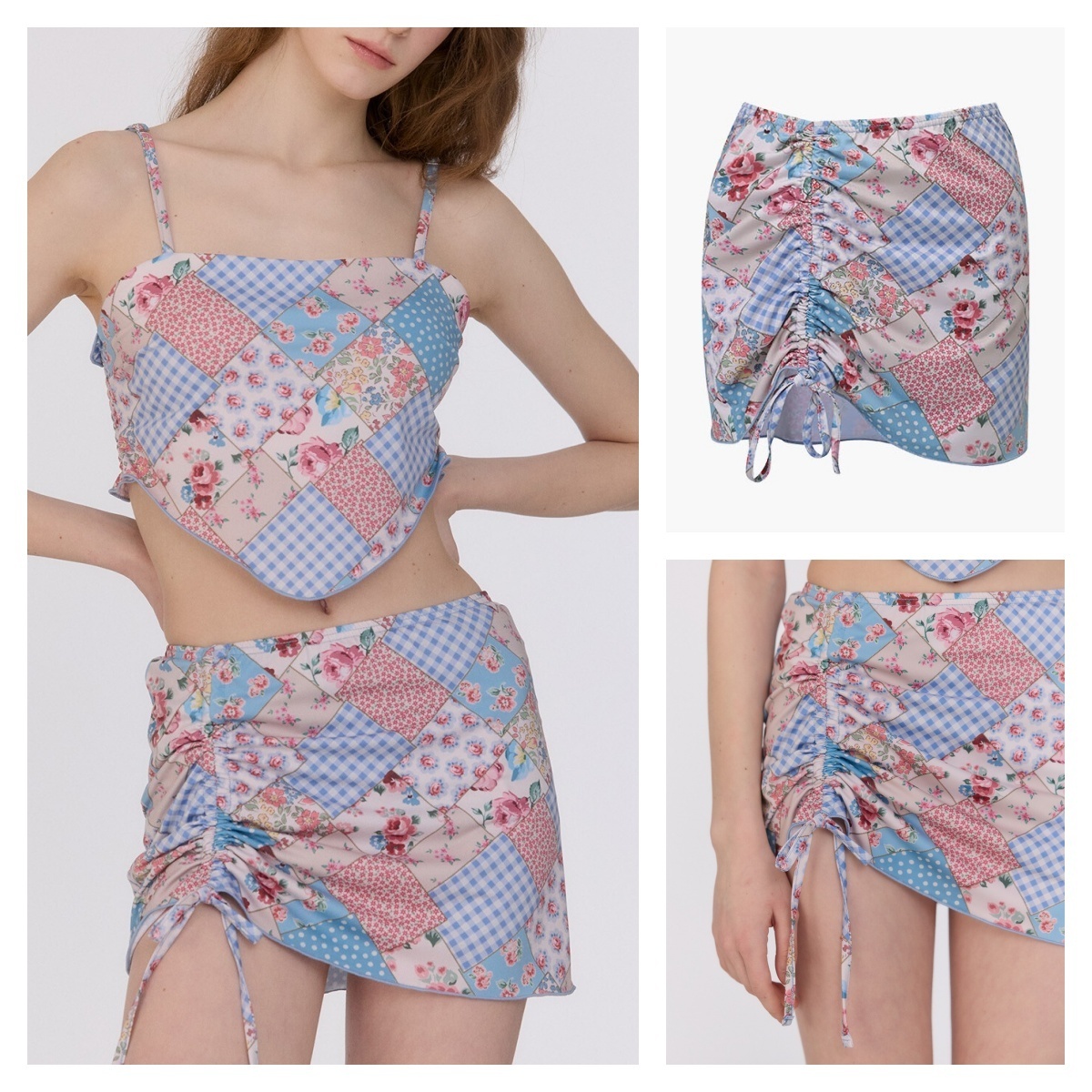 ★LOOPLOOP★Shirring Cover Up Skirt★Patchwork_Sky Blue★