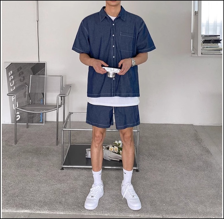 デニム セットアップ 半袖シャツ ショートパンツ ゆるめ 韓国 夏