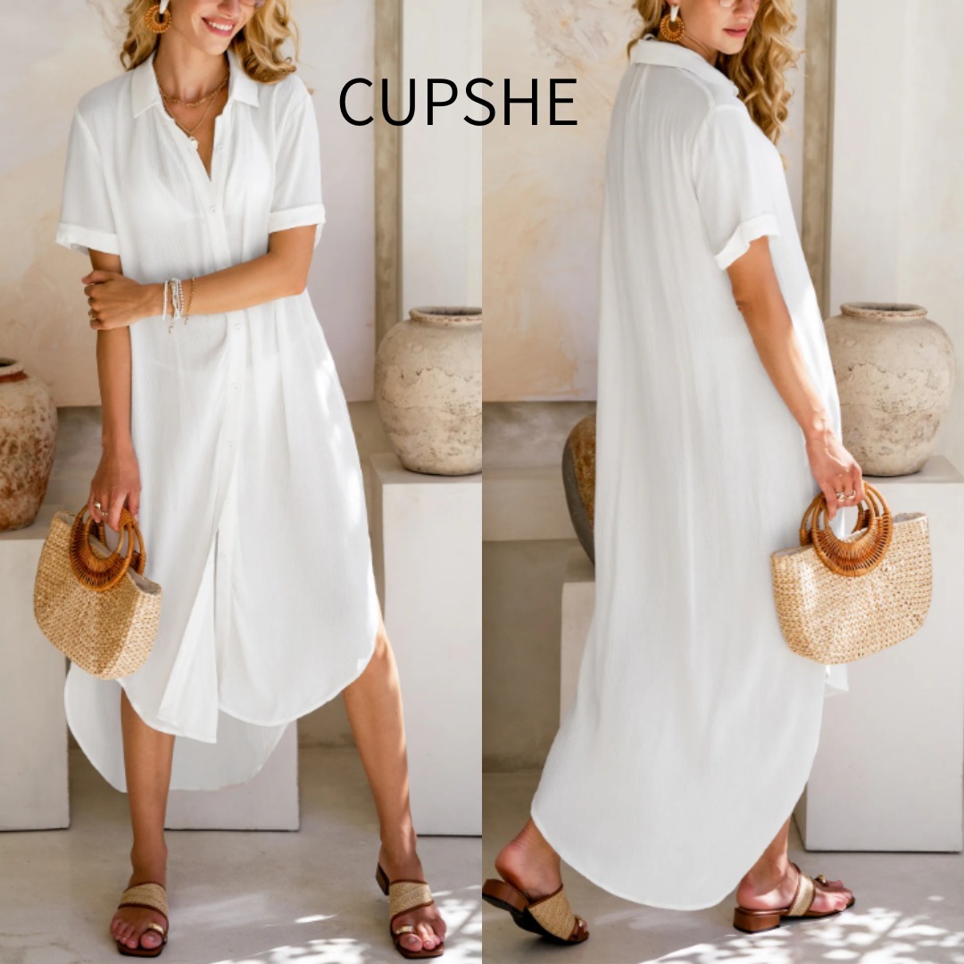 【CUPSHE】ホワイトシャツミディドレス