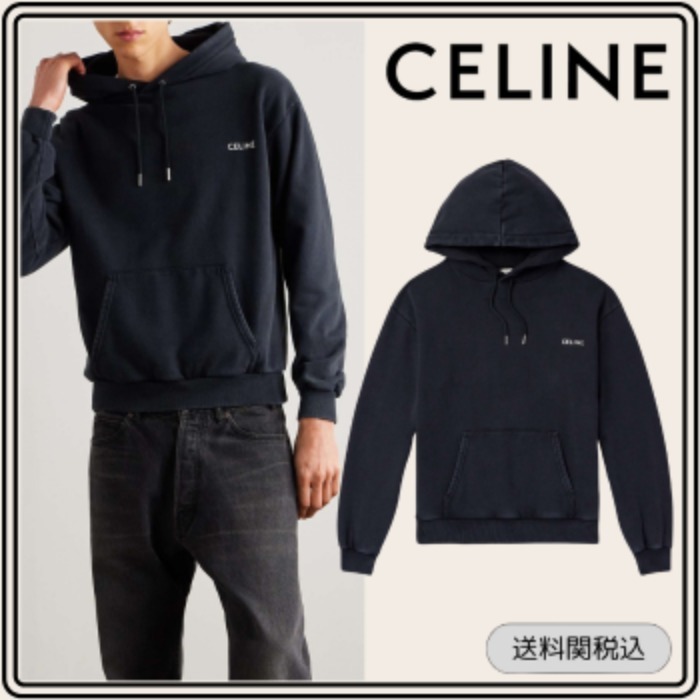 【CELINE】ロゴプリント コットンジャージー パーカー ブラック