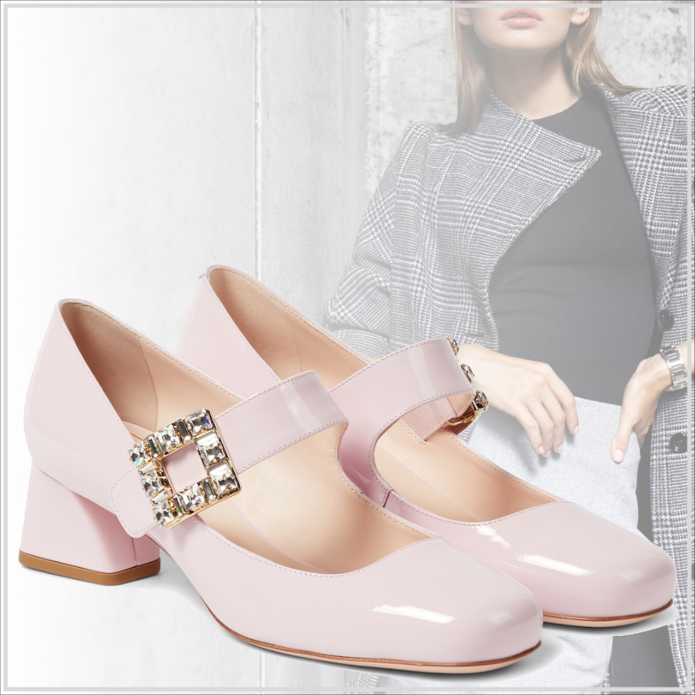 気品【Roger Vivier】レザー クリスタルバックル パンプス