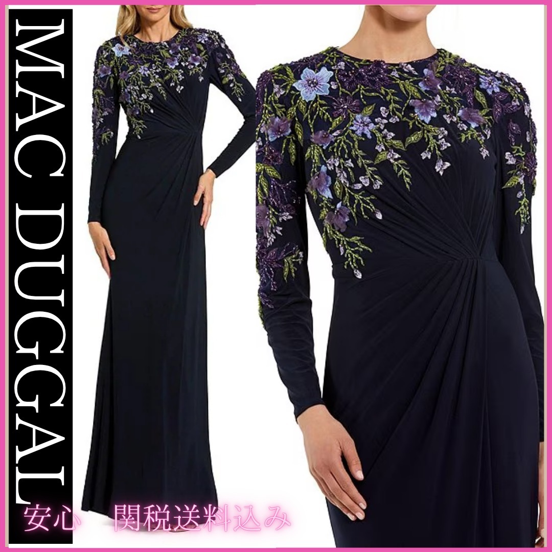 ☆Mac Duggal☆ 花柄クルーネック長袖ギャザーサイドドレス
